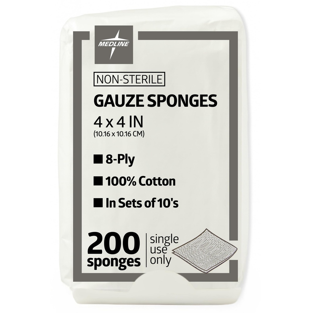 Medline 4 x 4 palcové gauze Spongá, nestrážené 8-vrstvové taveniny, 100% bavlna, Ideálne pre rán dressing, rán starostlivosť, všeobecné použitie prvej pomoci, balenie 200