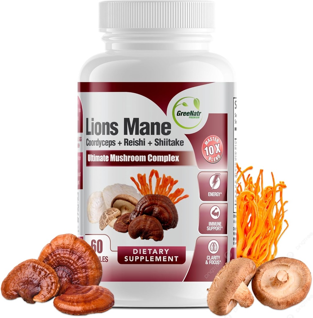 GreeNatr Complete Mushroom Supplement -10 in 1 Complex with Lions Mane, Cordyceps, Shiitake, Chaga, Turecko Chvost pre imunitnú podporu, pamäť, Focus & Natural Energy Booster - 60 Kapsule (1 fľaša)