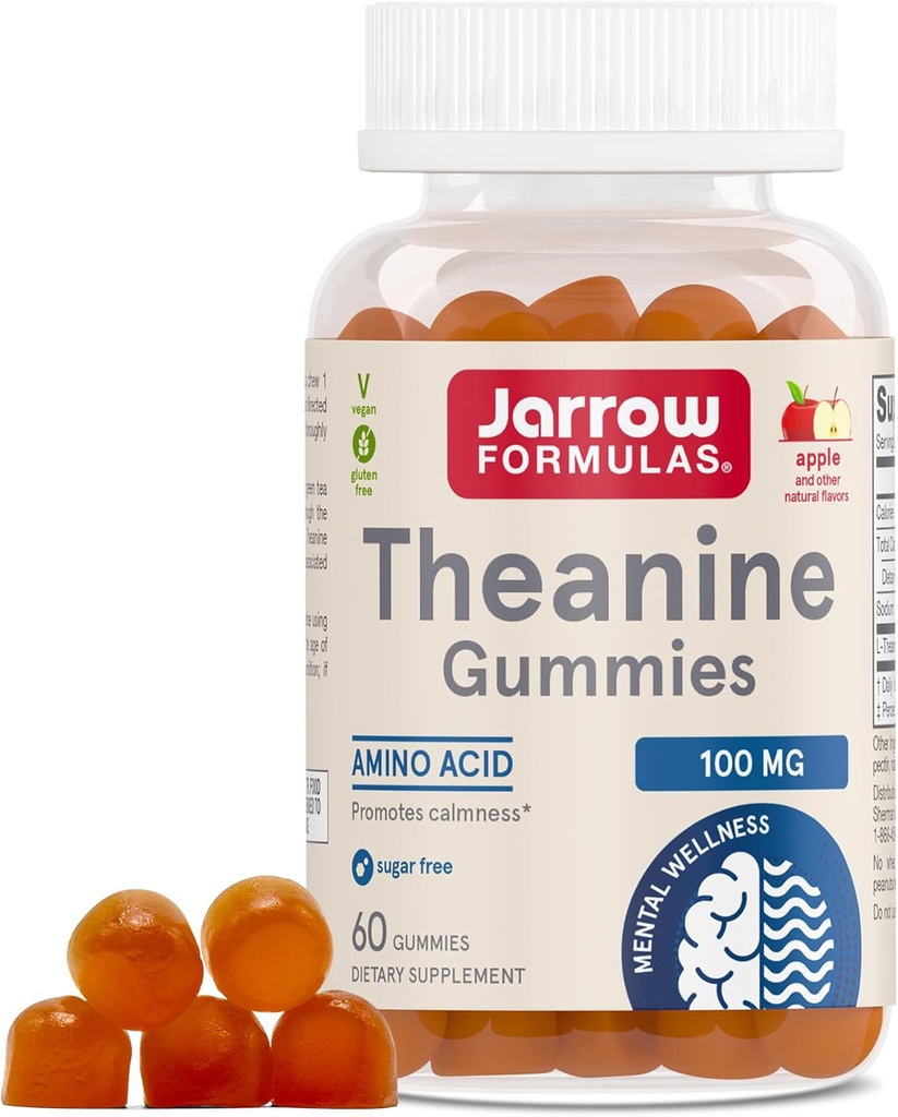 Jarrow Formulas® Theanine 100 mg Gummies, Dietary Supplement That Promotes Calmness, 60 Apple-Flavored Gummies, 60 Day Supply