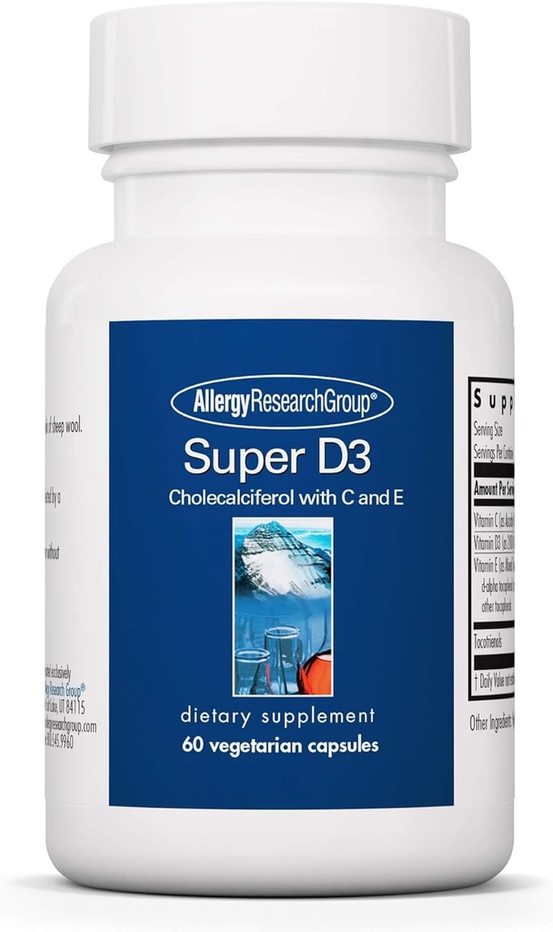 Allergy Research Group Super D3 Dietary Supplement - Bone & Immune Support, Cholekalciferol with C & E, Vegetariánske kapsule, Gluten Free - 60 count