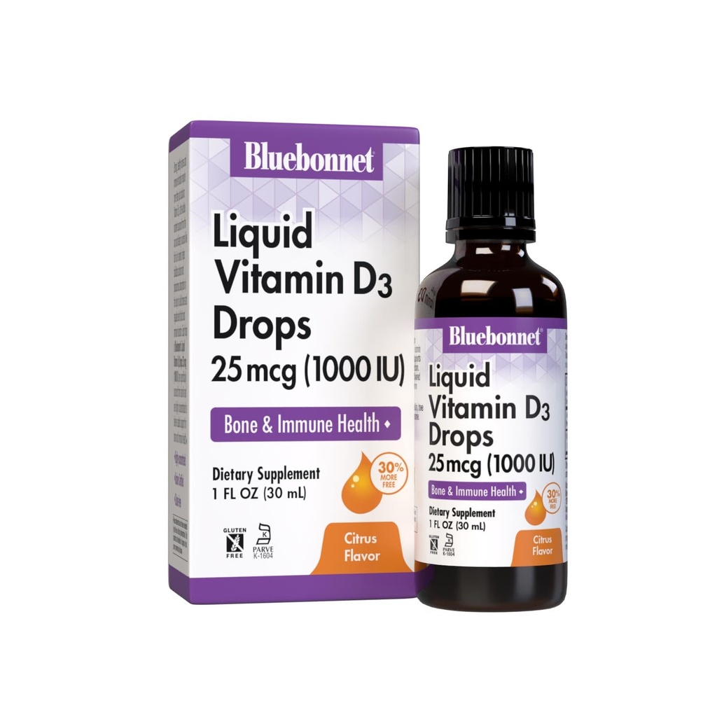 BlueBonnet Vitamín D3 1000 IU 25mcg Silné kosti a imunitná podpora doplnok - Tekuté vitamíny pre ženy a mužov - Lanolin VIT D kvapky s MCT olejom - non-GMO, Vegetarián - Citrus Flavor - 1 Fl Oz