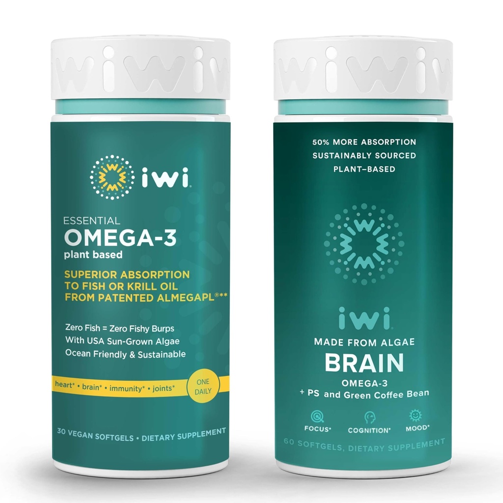 Iwi Omega-3 Essential & Brain Omega-3 Bundle, 30 Servings, Vegan Plant-Based Algae Omega 3 s EPA + DHA, Krill & Fish Oil Alternative, No Fishy Dochute