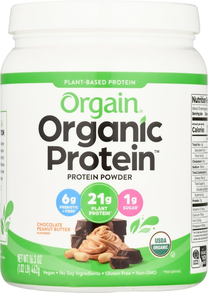 Orgain Organic Vegan Protein Powder, Čokoládové arašidové maslo - 21 g rastlinných bielkovín, Nízke čisté sacharidy, Non Dairy, Gluten Free, Laktóza bez, Bez cukru Pridané, Soy Free, Kosher, 1.02 libra