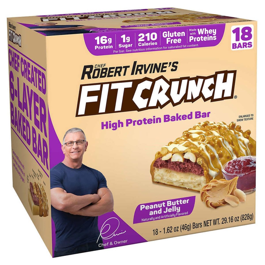 FITCRUNCH Snack Size Proteínové tyčinky, 6-Layer Baked Bar, 1g cukru, Gluten Free & Soft Cake Core (18 barov, Arašidové maslo a želé)