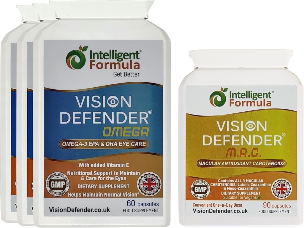 Vision Defender MAC a Omega každý deň Všeobecné očné zdravie Bundle (90 dní dodávky). Očné vitamíny doplnok zahŕňa karotenoidy luteín, Zeaxantín, Omega-3 (DHA, EPA). Vyrobené v Spojenom kráľovstve očnými špecialistami