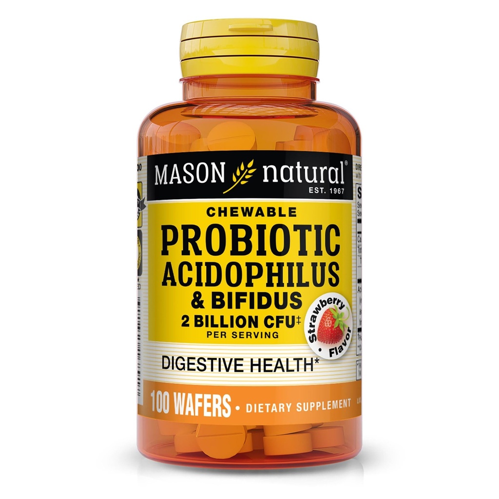 MASON Natural Probiotic Acidophilus with Bifidus, 50 Day Supply, Supports Healthy Normal Digestion, Jahodová príchuť, 100 Chewable Wafers