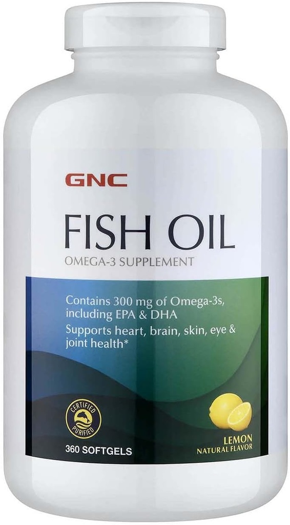 GNC rybí olej Omega 3 doplnok, 300mg EPA a DHA, citrónová príchuť, podporuje srdce, mozog, koža, oči a spoločné zdravie, 360 Softgels, 360 porcií