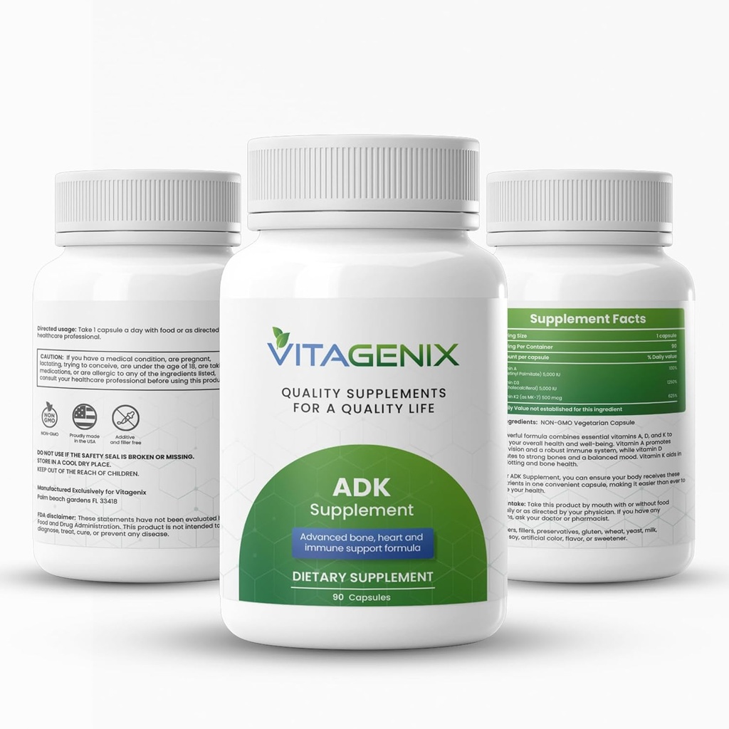 ADK 10 - Vitamín A, D3 a K2 Supplement pre mužov a ženy - vysoká potencia Vitamín ADK - Pomáha podporovať imunitné, kostné a srdcové zdravie - 90 kapsúl