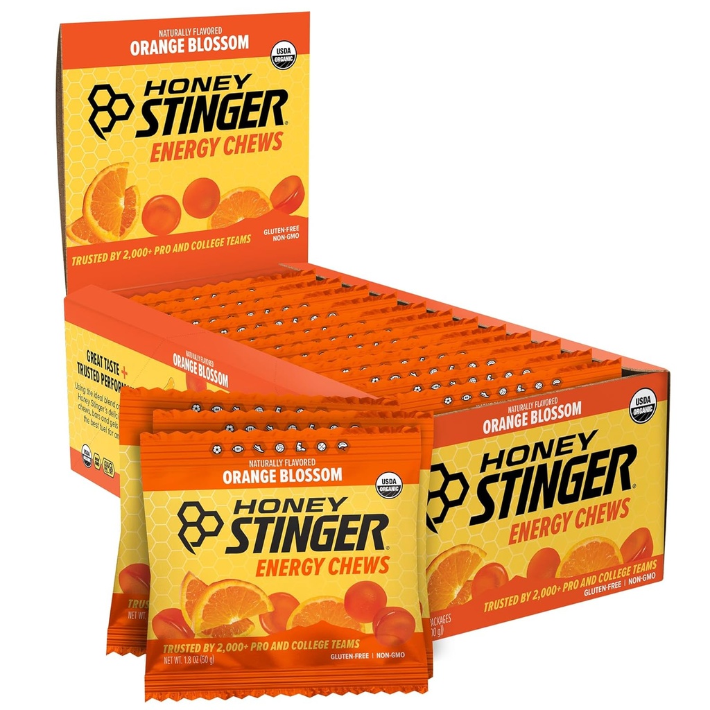 Honey Stinger Organic Orange Blossom Energy Chew, Gluten Free & Caffeine Free, pre cvičenie, beh a výkon, Športová výživa pre domáce & Gym, Pre a stredné cvičenie, 12 Balenie, 21.6 Ounce