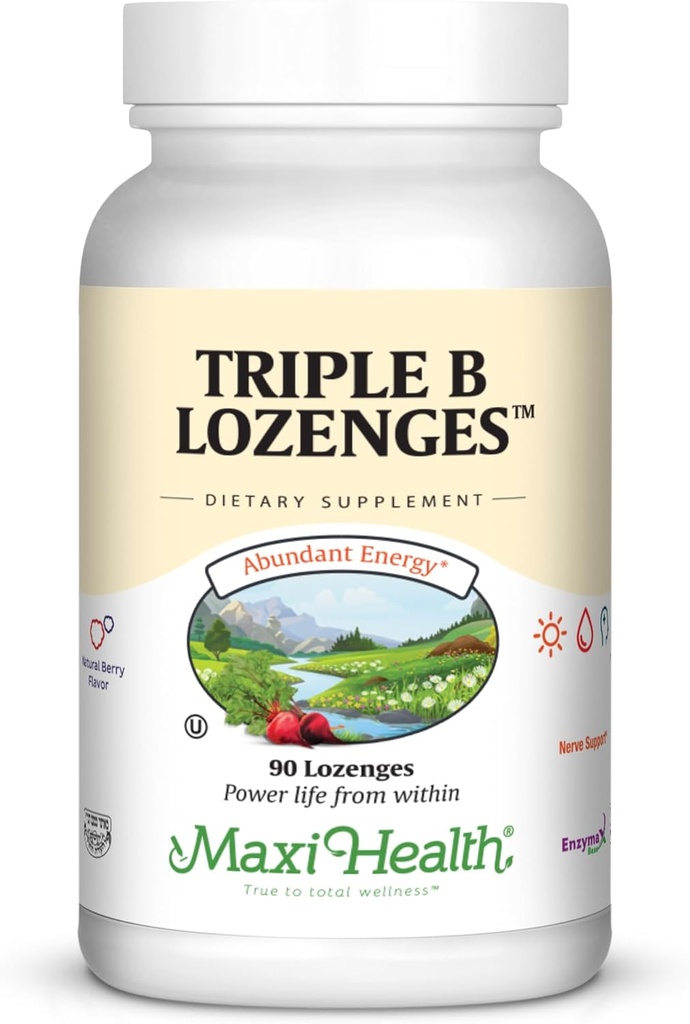 Maxi Health Triple B Lozenges - Vitamín B12 & B6 & Biotin - Jahodová chuť - 90 Chewies - Kosher