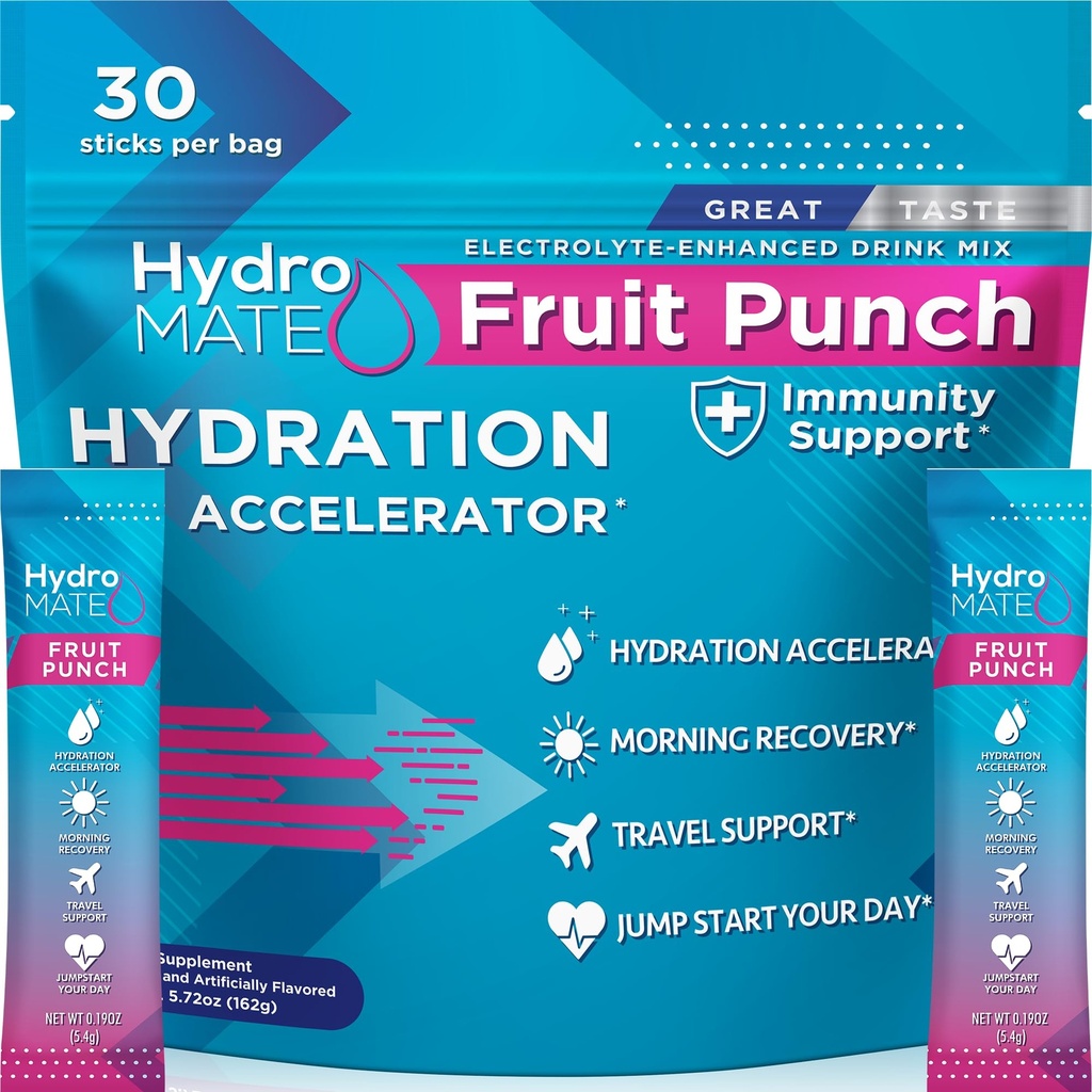 HydroMATE Powder Electrolyte Fruit Punch Hydration Pakets Nízky cukor 30 Počet