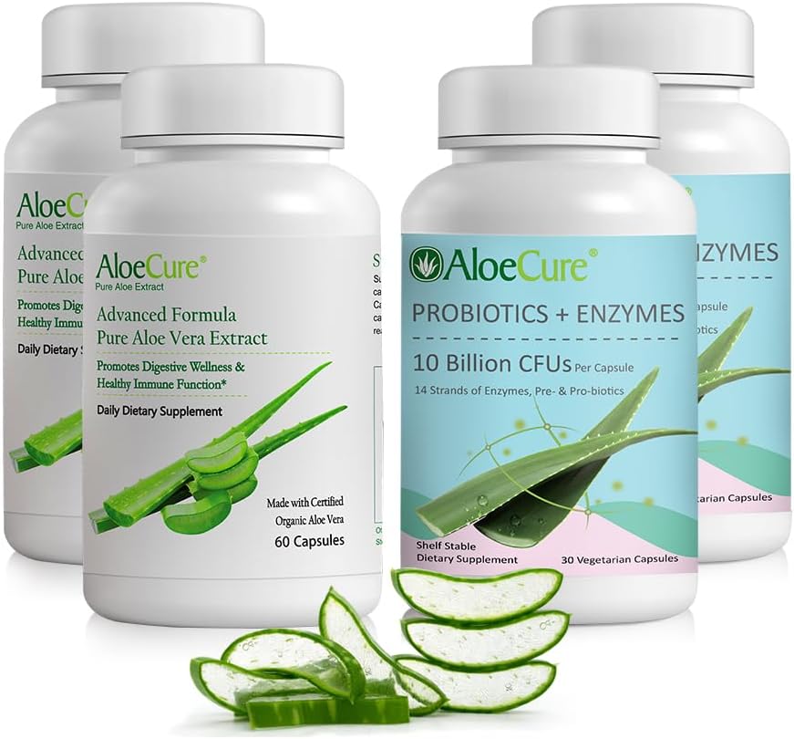 AloeCure Organic Aloe Vera Kapsule Balenie - 4 kusy - 2 x Aloe Vera Kapsule, 2 x probiotiká + enzýmy
