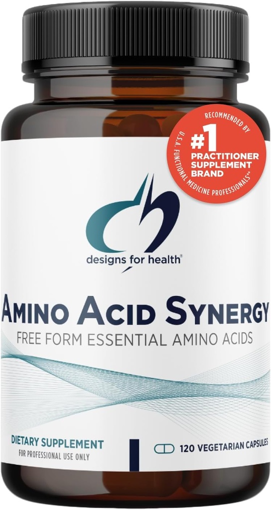 Designs for Health Amino Acid Synergy - Vegetarian Essential Amino Acides Supplement with BCAAs, Alpha-Ketoglutarát, Metionín + B6 (P-5-P) - Support for Athletes + Muscle (120 Kapsule)