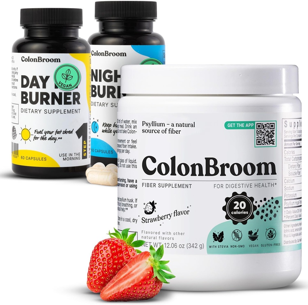 ColonBroom Psyllium Husk Powder, Colon Broom Colon Cleanser Fiber Supplement for Bloating Relief & Gut Health + Day & Night Burner Supplements, Weight Management Pills (60 Servings), 3 položky