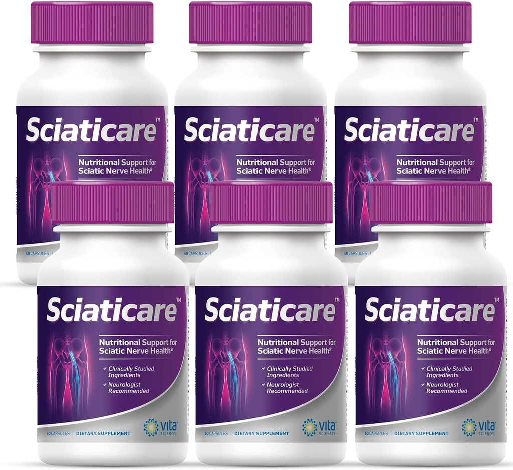 Vita Sciences Sciasare Nerve Upokojujúce doplnok Vitamíny s prírodnou R-ALA forma 40X sila, NIE syntetický Alpha Lipoic Acid (ALA) - Dolné Lumbar Scias - 60 počet (Obsah 6)