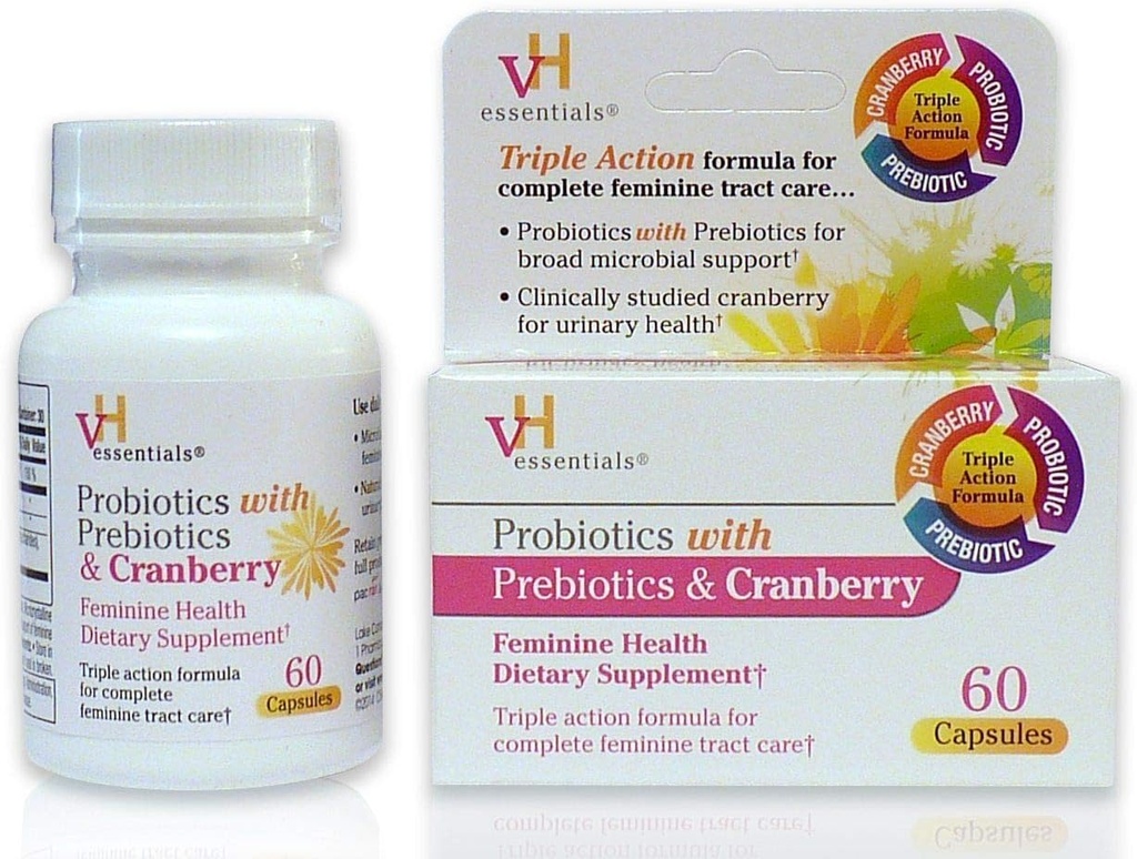 vH Essentials Probiotiká s prebiotikami a brusnica Feminine zdravotné doplnky - 60 kapsúl 1-Pack