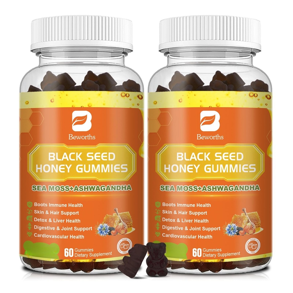 (2 balenia) Čierny olej zo semien Morské machy Gummy s Ashwagandha, Burdock koreň, Linden med, bazy, kurkuma, vitamín C, D3 a zinok - podporuje imunita, kĺby, trávenie, vlasy a koža, Vegan Gummies 120