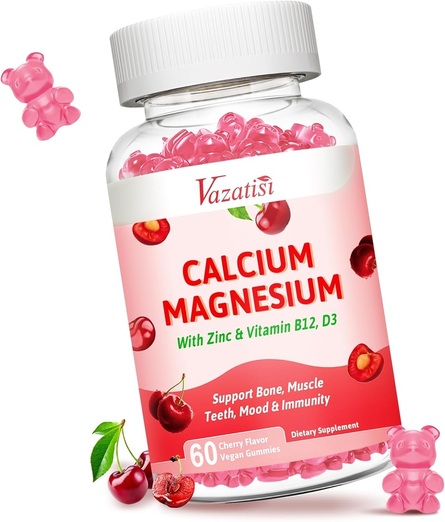Calcium Magnesium Zinc Gummies, Calcium Magnesium 2:1 Ratio with Vitamin D3 & B12 for Support Muscle, Mood and Immunity, 60 Vegan Cherry Flavor Gummies