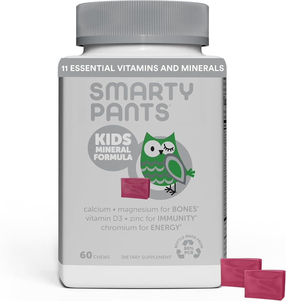 SmartyPants Deti Minerálne žuvačky: Magnézium Citrát a vápnik doplnok s vitamínom D3, vitamín C, K2, Zinok a selén pre imunitnú podporu, 60 Počet (30 dní dodávky)