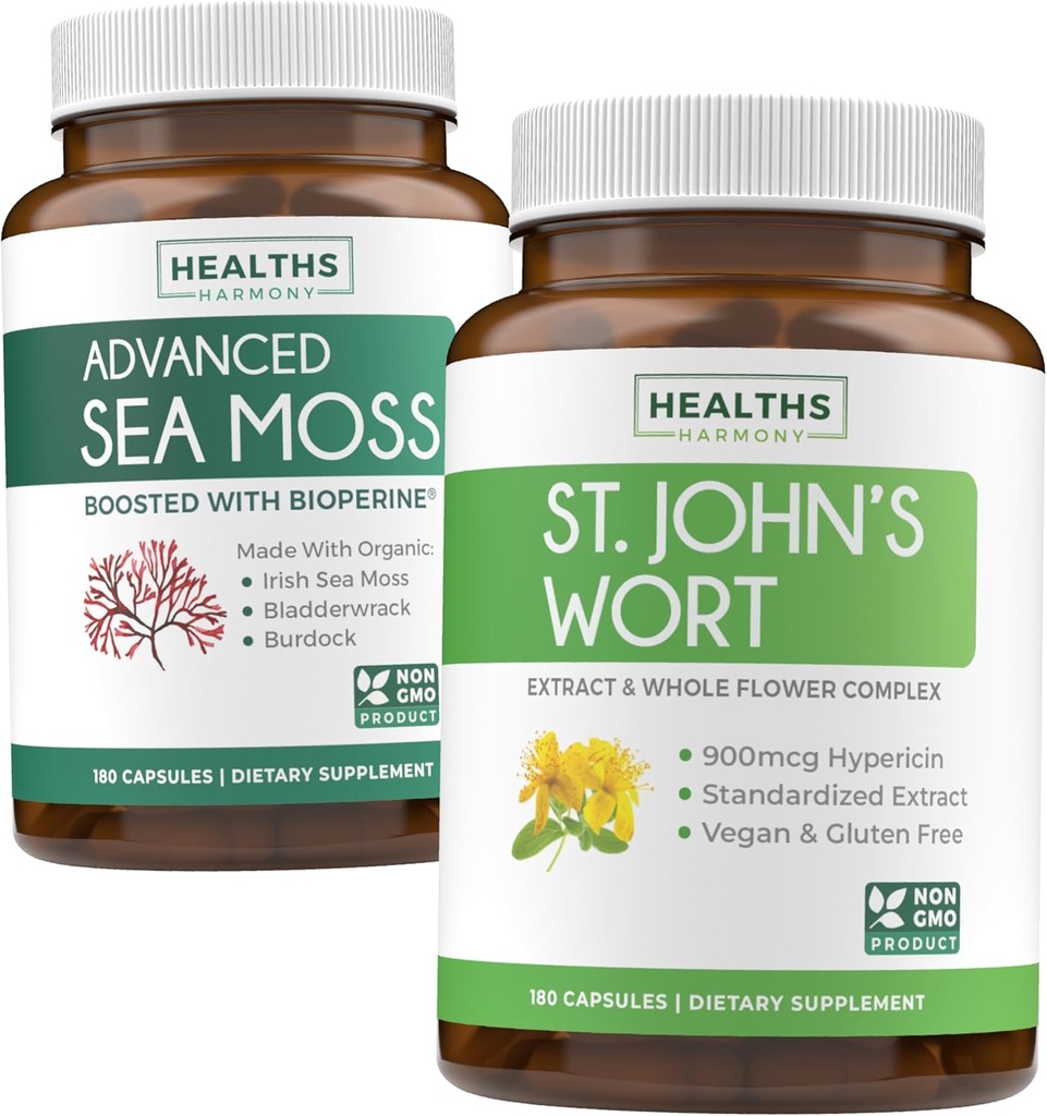 Morský Moss & St. John's Worth (2-Month Supply) Mooss Blend - Organic Irish Sea Moss - Raw Vegan Supplement (180 Caps) & St John's World with Powerful 900mcg Hypericin Vegan Non-GMO (180 Kapsule)