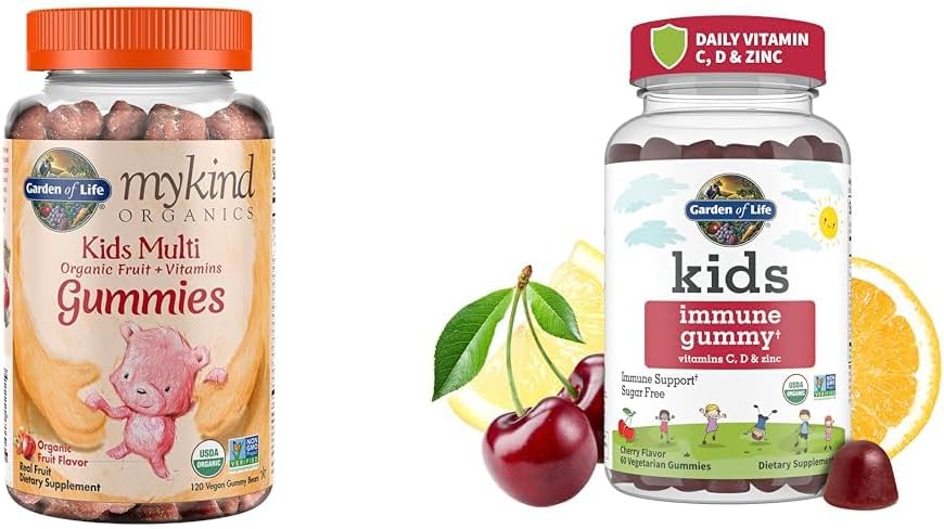 Záhrada života Organické deti Gumové vitamíny - Ovocie - Certified Organic, non-GMO & Vegan & Kids Immune Support Gumies s vitamínom C, D ako D3 & Zinok