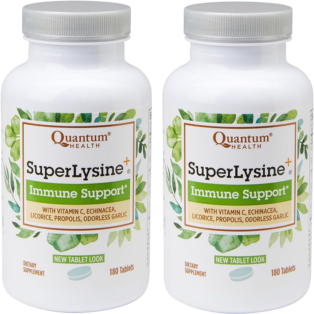 Quantum Health SuperLysine+ Advanced Formula Immune Suplement Lyzín 1500 mg, Vitamín C Echinacea Včela Propolis a cesnak bez zápachu - 180 tabliet (Stock of 2)