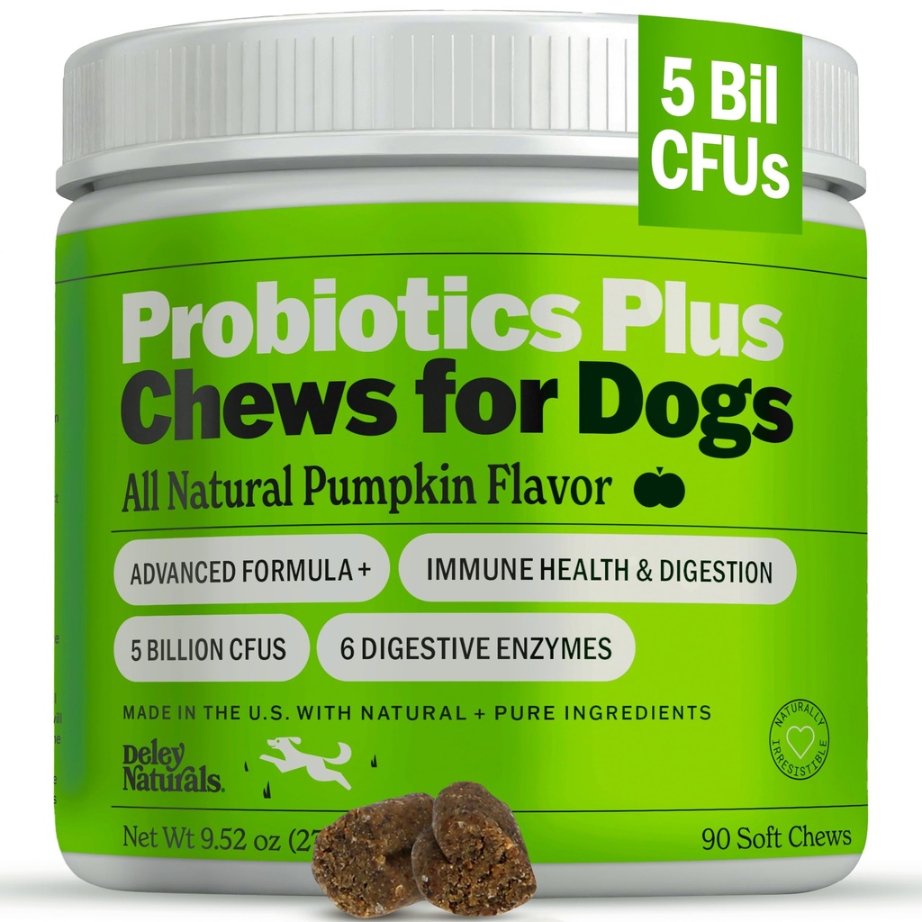 Deley Naturals Probiotiká Plus Žuvačky pre psy, Gut Health Supplement, 5 miliárd CFU's, Tráviace enzýmy, Prebiotiká, Psie alergie, hnačka, kvasinka, Pumpkin Flavor, 90 Počet - Vyrobené v USA