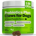 Deley Naturals Probiotiká Plus Žuvačky pre psy, Gut Health Supplement, 5 miliárd CFU's, Tráviace enzýmy, Prebiotiká, Psie alergie, hnačka, kvasinka, Pumpkin Flavor, 90 Počet - Vyrobené v USA