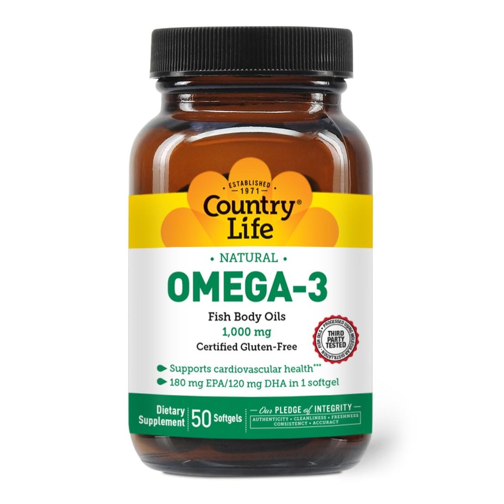 Country Life Omega-3 Fish Oil Supplement, 10000mg,180mg EPA & 120mg DHA, Fish Oil Concentration, Burpless, 50 Softgels, Certified Gluten Free