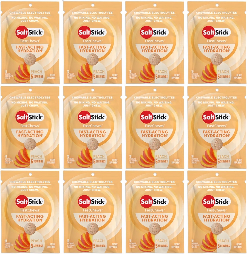 SaltStick Electrolyte FastChews - 120 Peach Chewable Electrolyte Tablets - Electrolyte Chews, Salt Tablets - 12 Balíčky, 10 Tablety Každý