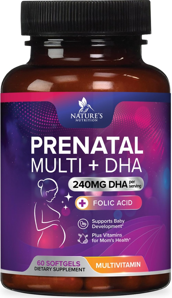 Prenatálne vitamíny s kyselinou listovou a DHA, Podpora rozvoja fetálneho mozgu s folátom a Omega 3's, prenatálny multivitamín pre ženy, vitamín A, C, D, B6, B12 a železo, doplnok tehotenstva - 60 Softgels