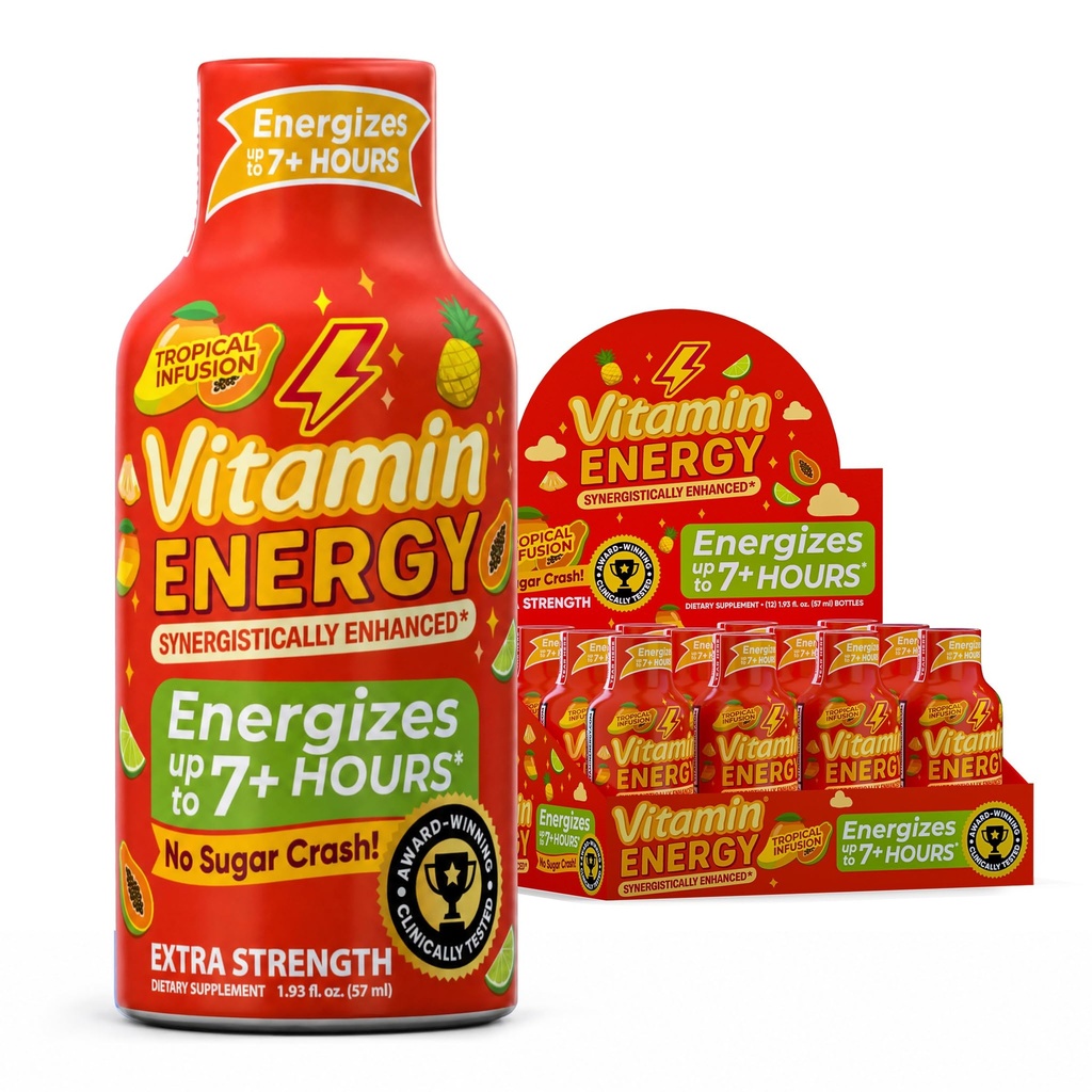 Vitamínová energia Immuno+ Extra sila Energia Shot Mango 12 Balenie, 260mg Prírodný kofeín, B-vitamíny, Citrikolína, Zelený čaj, Imunity & Focus Support, Zero Sugar, Gluten-free 1,93 fl oz