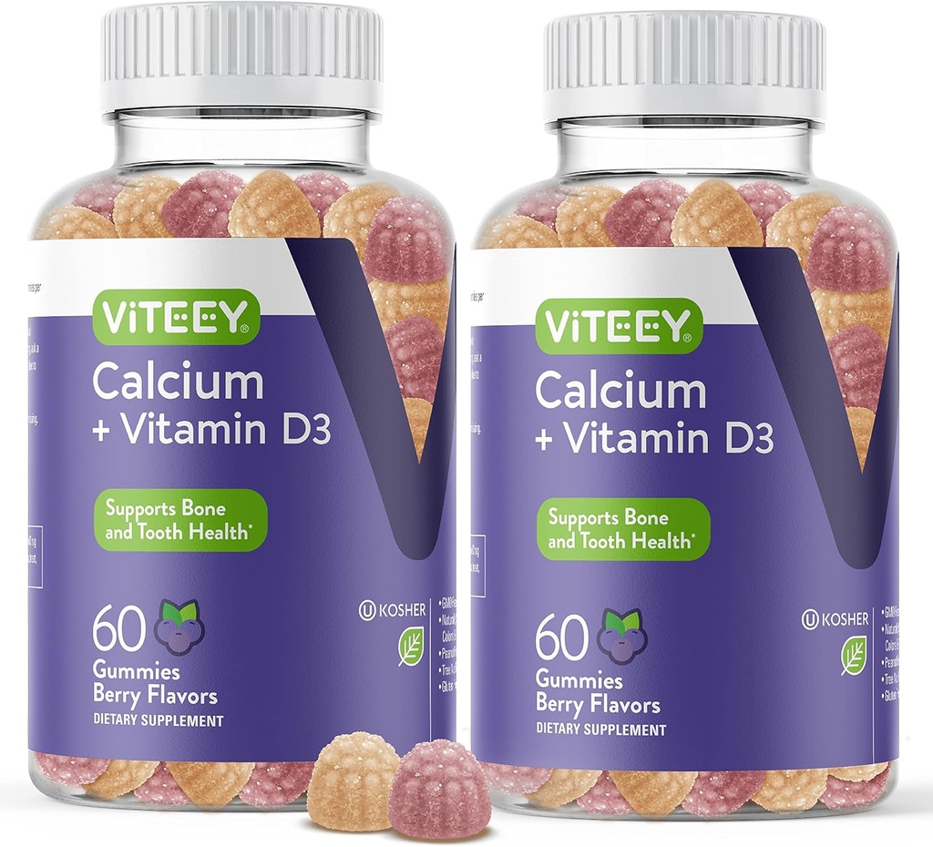 Vápnikové guličky s vitamínom D3 - podporuje zdravie kostí a zubov - Žuvateľné kalciové guličky pre ženy, mužov a dospievajúcich - Kosher, bez lepku, bez GMO, Chutné Berry Ochutené kalcium žuvačky Gummy
