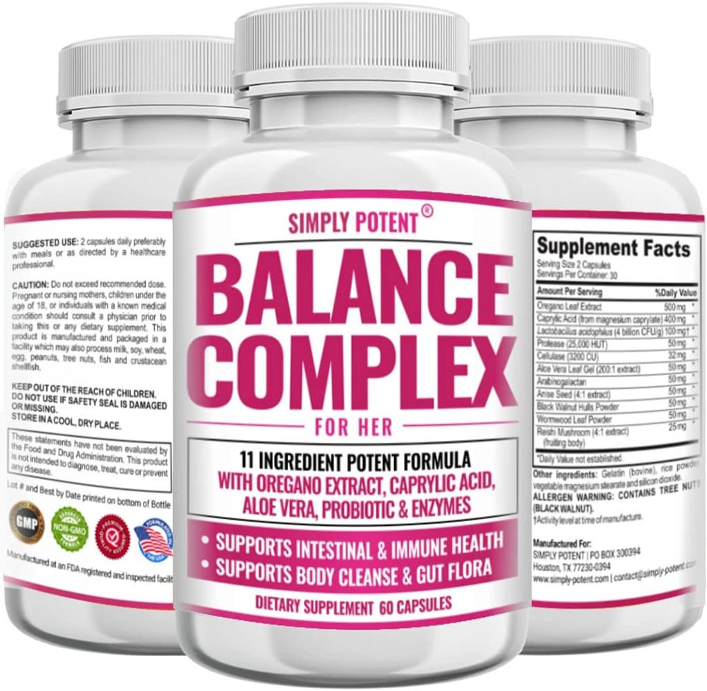 Balance Complex for Women, Candida Cleanse & Vaginal Health Dietary Supplement, Natural Formula with Oregano, Caprylic Acid, Aloe, Probiotiká & Enzymes for Gut & Immune Health Support, 60 Kapsule