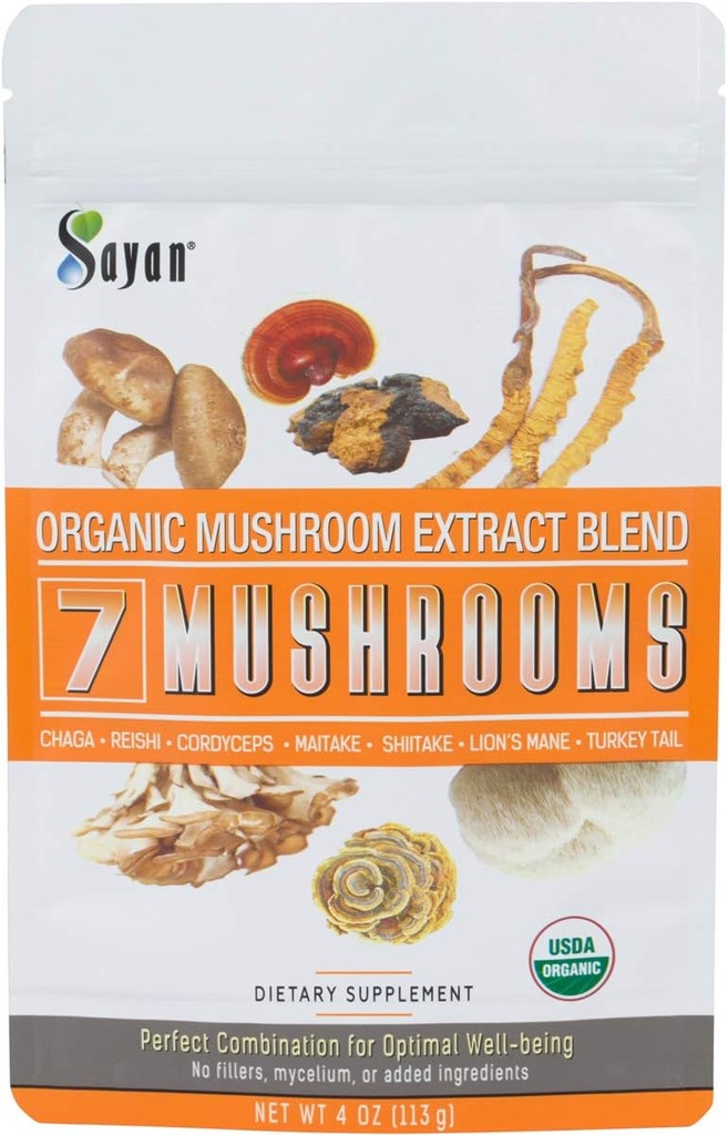 Sayan 7 Huby USDA organický extrakt prášok zmes doplnok 4 oz / 113g - Chaga, Reishi, Cordyceps, Maitake, Shiitake, Lion's Mane a Turecko chvost, žiadne výplne, pridať do kávy alebo čaju, ovocné telo