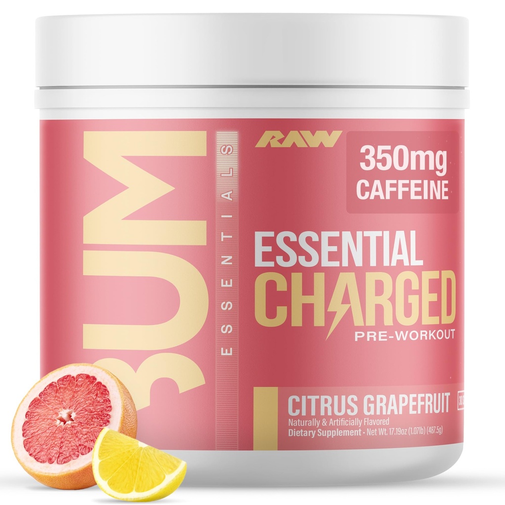 RAW Prášok pred tréningom, Essential CHARGED (Citrus Grapefruit) - Doplnok pred tréningom pre mužov, ženy - Podpora Focus, Mood, Performance - Kofeín, Alpha-GPC, L-Citrulline, Beta Alanine (25 Servings)