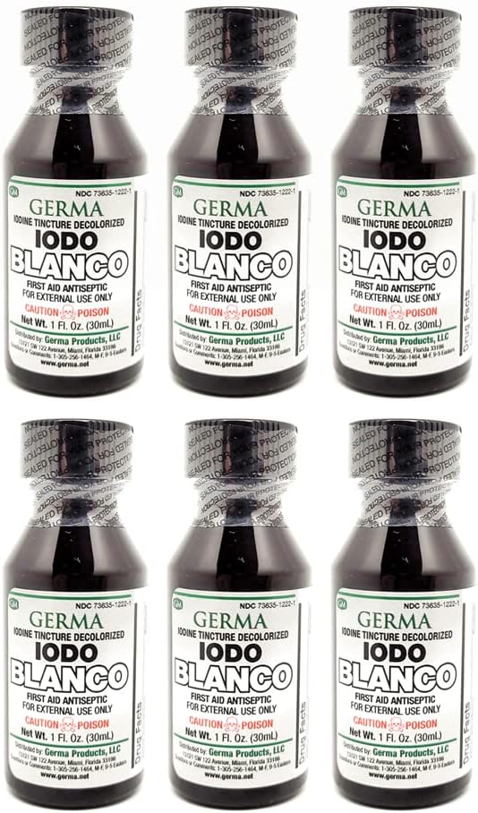Germa White Iodine Tincture. Prvá pomoc antiseptické. pre malé kocky, rezy, Bruises a Burns. 1 oz. Balenie po 6 kusoch