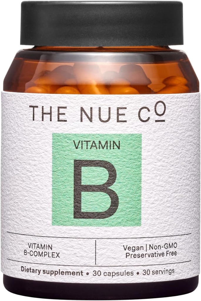 Nue Co. Vitamín B doplnok, podporuje energiu, podporuje zdravú pokožku a vlasy, Vegan, lepok zadarmo, 30 kapsúl