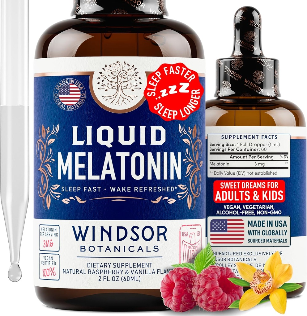 Tekutý melatonín pre dospelých a deti 6 rokov hore - 3mg Melatonín kvapky Extra sila Liquid Sleep Aid - Rýchla absorbcia, Malinová Vanilla Flavor Melatonina - 2oz, 2-Month Supply, Made in USA