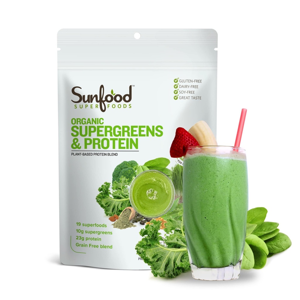 Sunfood Organic Supergreens & Protein - Greens Superfood Powder, Organic Protein Powder, Plant Based Vegan Protein, Super Greens for Gut Health w/Chlorella & Spirulina, 23g Protein per Serving - 8 oz
