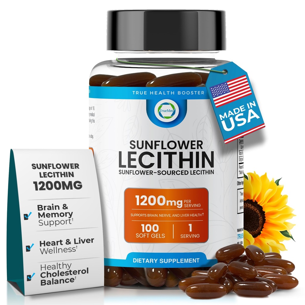 Slnečnicový lecitín 1200 MG 100 Softgels, 100-dňová dodávka zaručená čistá, non-GMO, Soy-free, podporuje mozog, srdce, Nerve, zdravie pečene, kognitívna funkcia, zdravý cholesterol, vysoká absorpčná formula