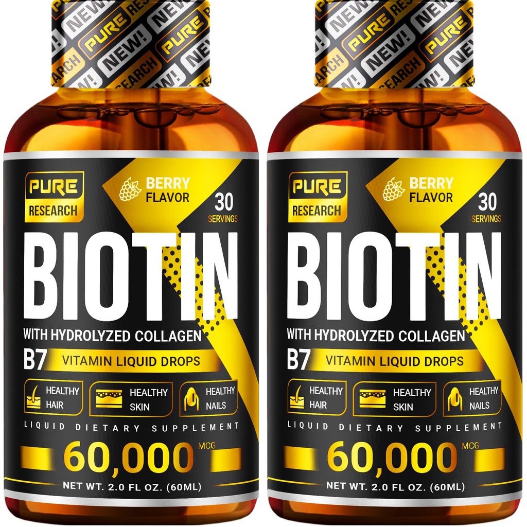 PURE VÝSKUM Biotín a kolagén 60.000mcg Rast vlasov Tekuté kvapky, Podpora: Silné nechty, Žiariaca koža, zdravý rast vlasov, viac absorpcie ako kapsuly a tablety (4Fl Oz)