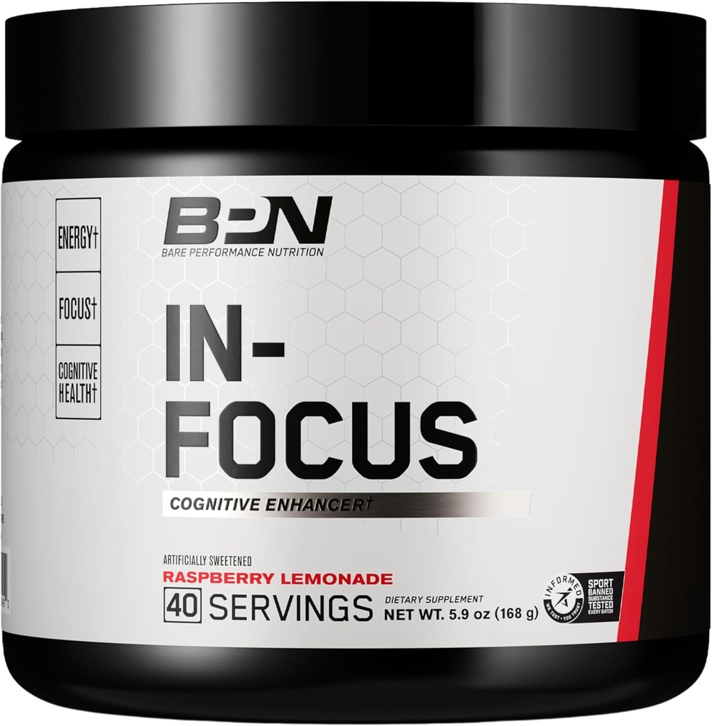 BARE VÝKONNOSTNÁ VÝKONNOSŤ, BPN in-Focus podpora mozgu doplnok, zlepšenie Focus & Energy, Alpha GPC, malinová citróna, 40 porcií
