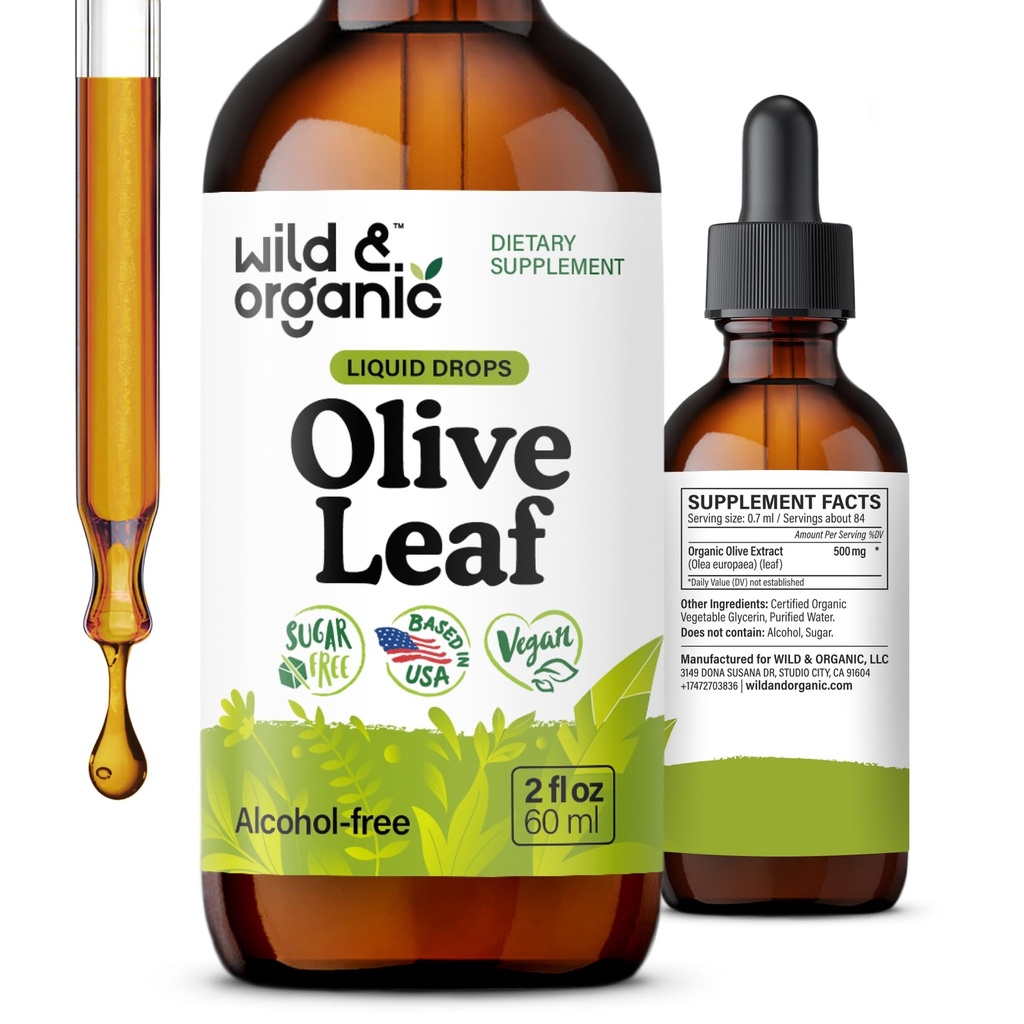 Wild & Organic Olive Leaf Extract Tekuté kvapky - Antioxidant & Immune Support - Oleuropein Olive Leaf Supplement - Vegan, cukor & alkohol-free kvapky - 2 fl oz