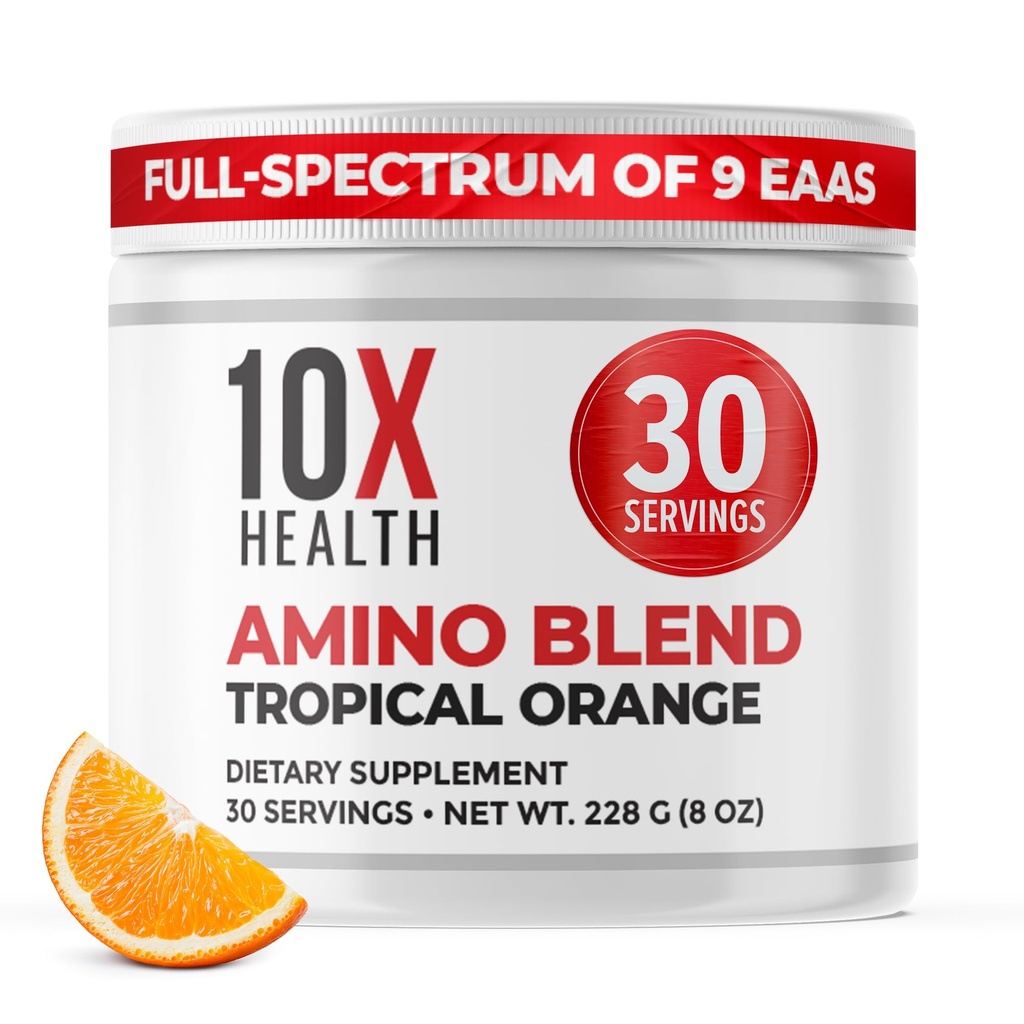 10X Aminokyseliny zdravie - 30 Slúži EAA & BCAA Powder, Pre Cvičenie BCAA s Essential Amino Acids Supplement - BCAA & EAA pre dlhovekosť, Podpora svalov, Sila, Energia - Tropical Orange