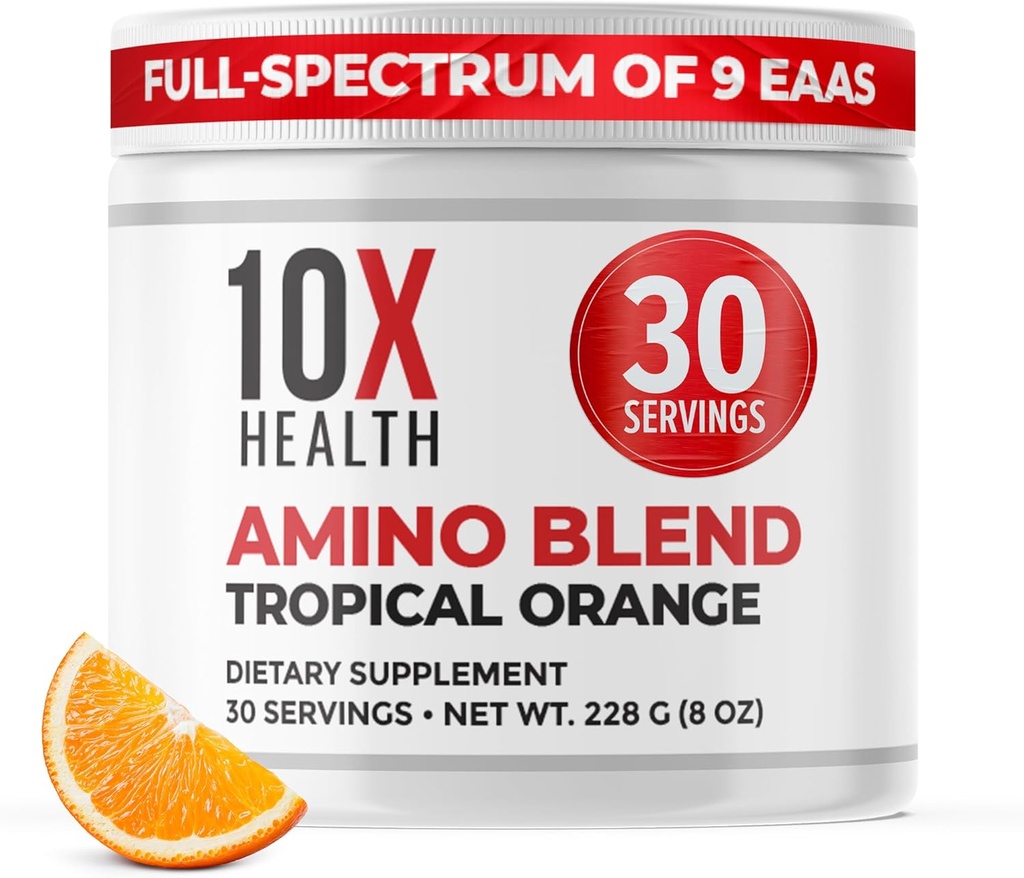 10X Aminokyseliny zdravie - 30 Slúži EAA & BCAA Powder, Pre Cvičenie BCAA s Essential Amino Acids Supplement - BCAA & EAA pre dlhovekosť, Podpora svalov, Sila, Energia - Tropical Orange