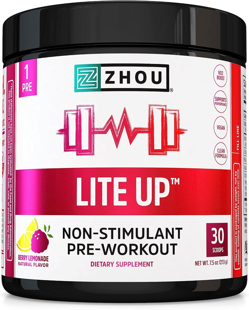 Zhou Lite Up - Non Stim Powder, Nitric Oxide Stim Free Supplement for Men & Women, Caffeine Free Boost, Clean Formula - Berry Lemonade Flavor, 7.5 oz Jar (30 Scoops)
