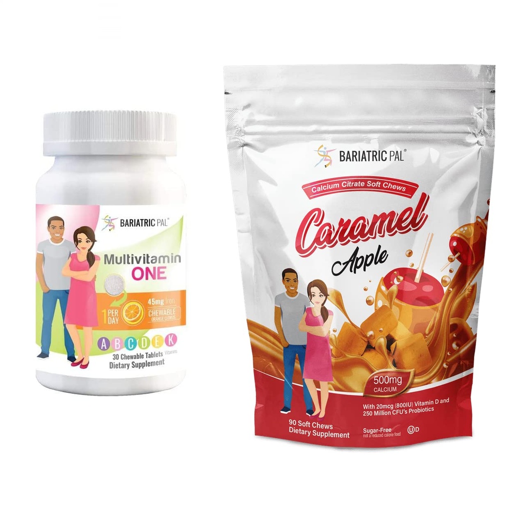 BariatricPal 30-Deň Bariatric vitamín Bundle (Multivitamín One 1 za deň! so 45 mg železa Žuvacie - Orange Citrus a kalcium Citrát mäkké žuvačky 500 mg s probiotikami - Karamel Apple)