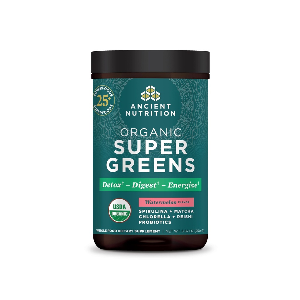Staroveká výživa Supergreens Powder s probiotikami, Organic Watermelon Flavor Greens, vyrobené z reálneho ovocia, Zelenina a bylinky, na podporu trávenia a energie, 25 Servírovanie, 8.82oz
