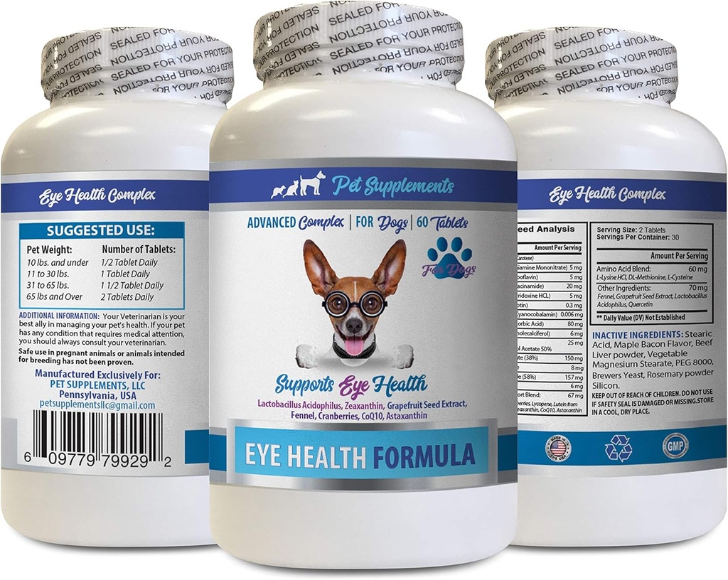 Psy Očné vitamíny - Psy Očné zdravie Formula - Advanced Eye Support Complex - VETS Doporučené - Psie luteín - 1 fľaša (60 tabliet)
